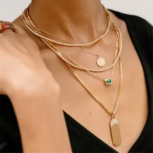 Layered 925 sterling silver gold plated necklace with green stone and circle pendant