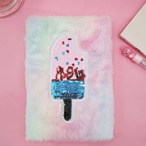 Rainbow plush sequin notebook with ice cream design and Hello embroidery detail