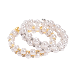 Multilayer wrap bracelet with faux pearls and rhinestones on a gold and silver base