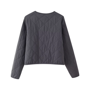 Deep grey diamond quilted wash jacket featuring long sleeves and a classic crew neck