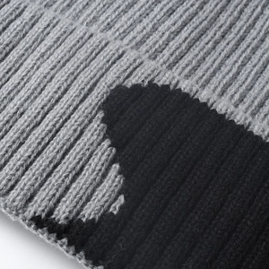 Thick rib-knit thermal winter hat with gray and black color block patchwork design