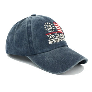 Detail of the 250th Anniversary embroidery on a distressed navy cotton baseball cap