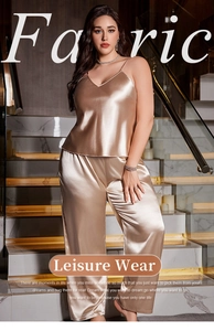 Champagne gold satin camisole and loose pants loungewear set with V-neckline