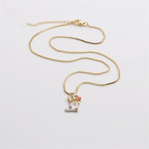 Gold box chain necklace with a white enamel Christmas stocking pendant and colored gems
