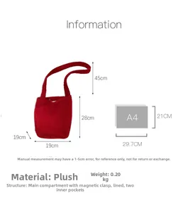 Détails intérieurs du sac seau en peluche rouge avec fermoir aimanté et format A4