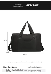Detailed size specifications of the 48cm black nylon sports bag with capacity for a laptop
