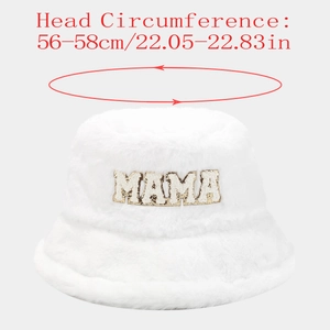 Bob en fausse fourrure blanche pour femme avec patch MAMA et mesure de tête 56-58cm