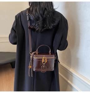 Deep brown leather box bag with gold double zippers and woven cord charm detail