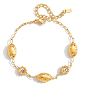 Bracciale in acciaio inossidabile placcato oro 18k con perline ovali e fiori in zircone