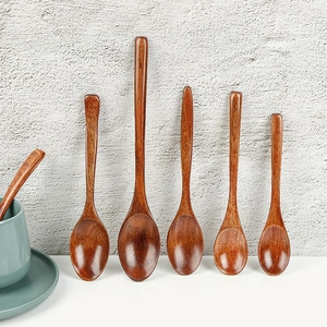 Set of 5 Japanese style natural wood spoons with glossy finish and ceramic cup