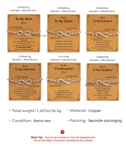 Detail view of infinity charm bracelets with zircon on gift cards for family members