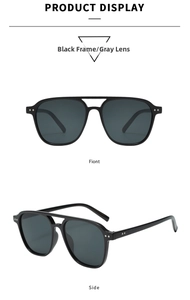 Front and side view of classic black pilot sunglasses with gray anti-UV lenses