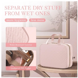Pink quilted hanging toiletry bag with waterproof exterior and leakproof PVC dry-wet separation