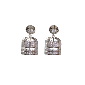 Elegant silver birdcage drop earrings with faux pearls and zircon for a luxury look