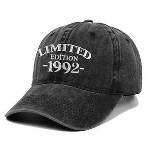 Vintage washed charcoal baseball cap with white 1992 embroidery on white background