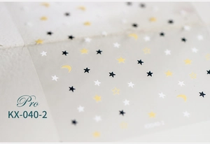 Detail shot of KX-040-2 starry night 5D nail stickers featuring black gold stars and moons