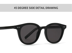 Detail view of black round frame sunglasses showing 45-degree side construction