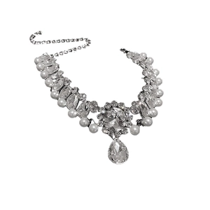 Elegant silver pearl and crystal teardrop floral necklace with a luxurious choker design