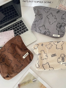 Corduroy Makeup Bag Cute Cartoon Bear Print Zippered Travel Toiletry Pouch Portable Cosmetic Storage Organizer For Women