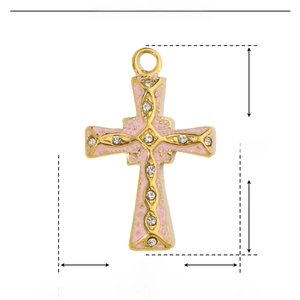 Detailed view of pink enamel cross pendant with white rhinestones and size dimensions
