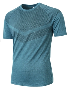 Detail of blue athletic t-shirt showing breathable V-shape mesh and heather fabric texture