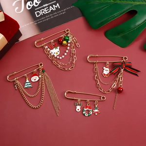Christmas Brooch Safety Pin Alloy Enamel Santa Reindeer Tree Multi Layer Tassel Chain Bell Jewelry Gift For Women