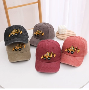 Detailed close-up of colorful washed cotton kids' baseball caps with excavator embroidery