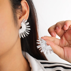 Fan Shaped Sunburst Stud Earrings Hammered Gold Plated Stainless Steel Geometric Chic Statement Jewelry For Women