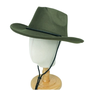 Close-up of dark green felt wool hat featuring black twisted band and adjustable wind cord