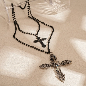 Double-layered gothic beaded necklace with large rhinestone cross pendant and black cross charm
