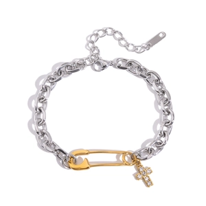 Bracelet À Maillons Trombone En Acier Inoxydable Bicolore Or Argent Pendentif Croix Incrusté De Zircon Femmes