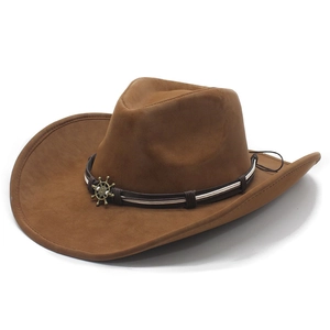 Brown faux suede western cowboy hat with a nautical helm metal buckle and woven band