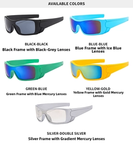 Detailed collage of Y2K wraparound sports sunglasses in five vibrant mirror lens colors