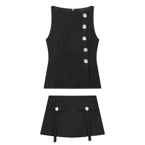 Elegant Rhinestone Jewel Button Sleeveless Top And Skort With Bow Decor Solid Color Summer Fashion