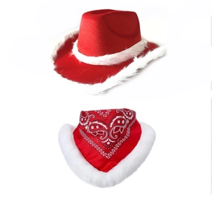 Detail of red Christmas cowboy hat with plush trim and paisley patterned scarf set