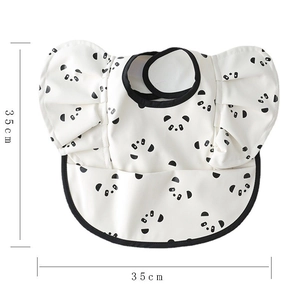 Waterproof baby bib with panda print, ruffle sleeves and 35cm size markings on white background