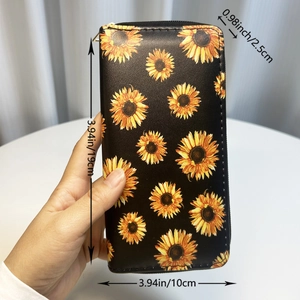 Detailed view of sunflower print PU leather wallet showing 19cm x 10cm size dimensions