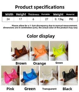 Size chart for PVC jelly shoulder bag with 24x17x6cm dimensions and seven color options