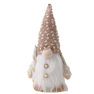 Gnome de Noël en peluche avec bonnet en tricot, longue barbe blanche et canne dorée