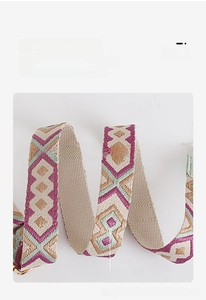Close-up of geometric woven shoulder strap featuring polyester fabric and gold metal clasps