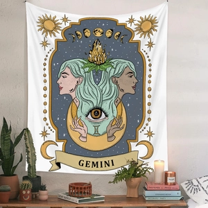 Detail of a Gemini zodiac wall tapestry with floral and mystical sun moon motifs