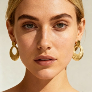 Chic hollow round gold earrings with textured metal design on model with warm lighting