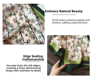 Close-up of premium silk scarf showing vibrant floral patterns and tight stitched edges