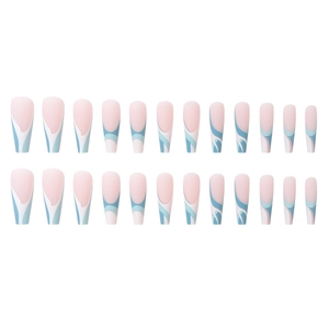 French tip false nail set featuring light pink base and blue-white wavy pattern