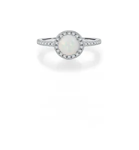 Macro shot of S925 sterling silver stamp on white opal halo ring with cubic zirconia