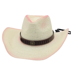 Chapeau de cow-boy en paille avec dégradé rose et logo tête de taureau sur bande cuir