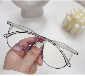 Close-up of stylish transparent grey anti-blue light glasses with a round frame design