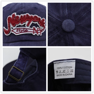 Navy blue washed cotton baseball cap featuring 3D New York style embroidery and metal buckle