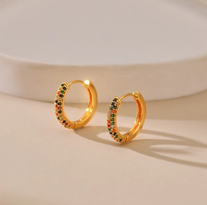 18K gold plated huggie earrings featuring vibrant rainbow colored zircon inlay stones