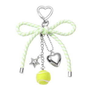 Exquisite keychain with green striped bow, silver heart, star charms, and mini tennis ball